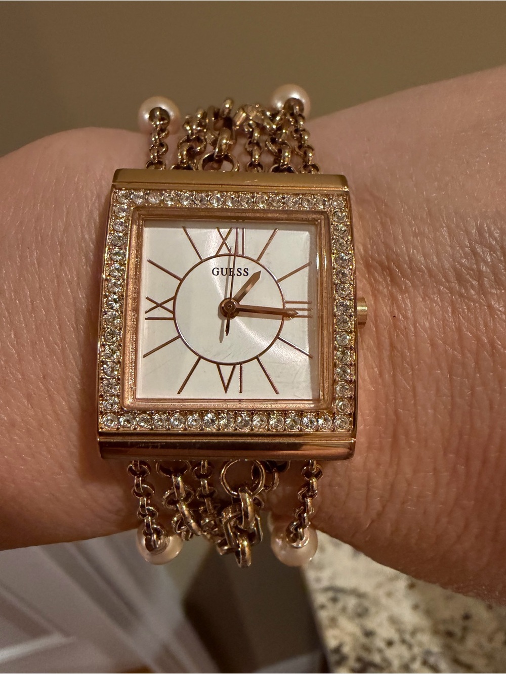 GUESS Rose Gold Crystal-Trim Square Dial Bracelet Watch